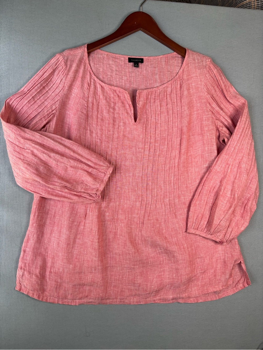 Talbots 100% Linen Pintuck Split Neck Popover Blouse Pink Coral Coastal Size S